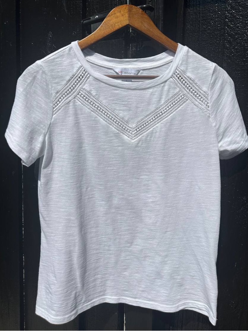 Liz Claiborne White Short Sleeve Top with Crochet Yoke